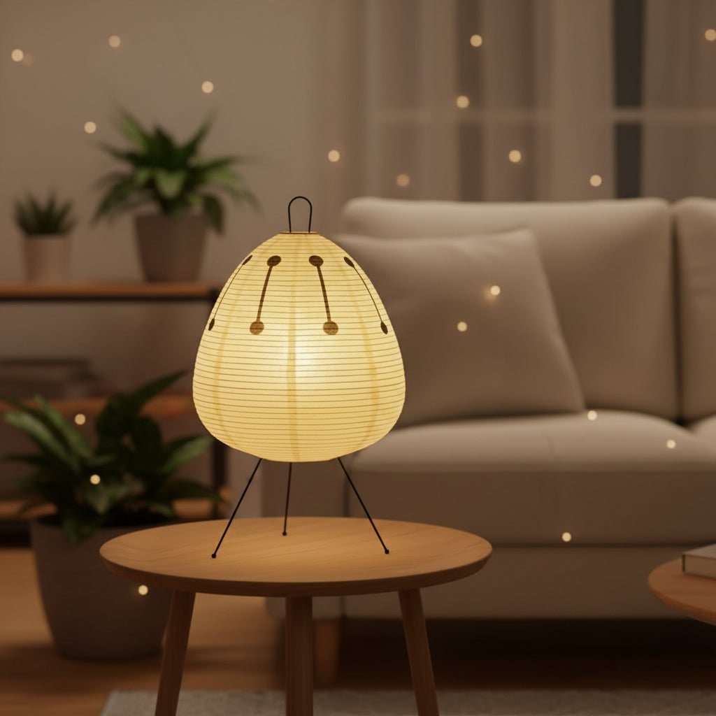 Papier-Tischleuchte mit Dreibeingestell, japanischem Reispapierschirm und warmem diffusem Licht