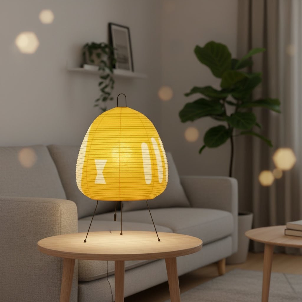 Papier-Tischleuchte mit Dreibeingestell, japanischem Reispapierschirm und warmem diffusem Licht