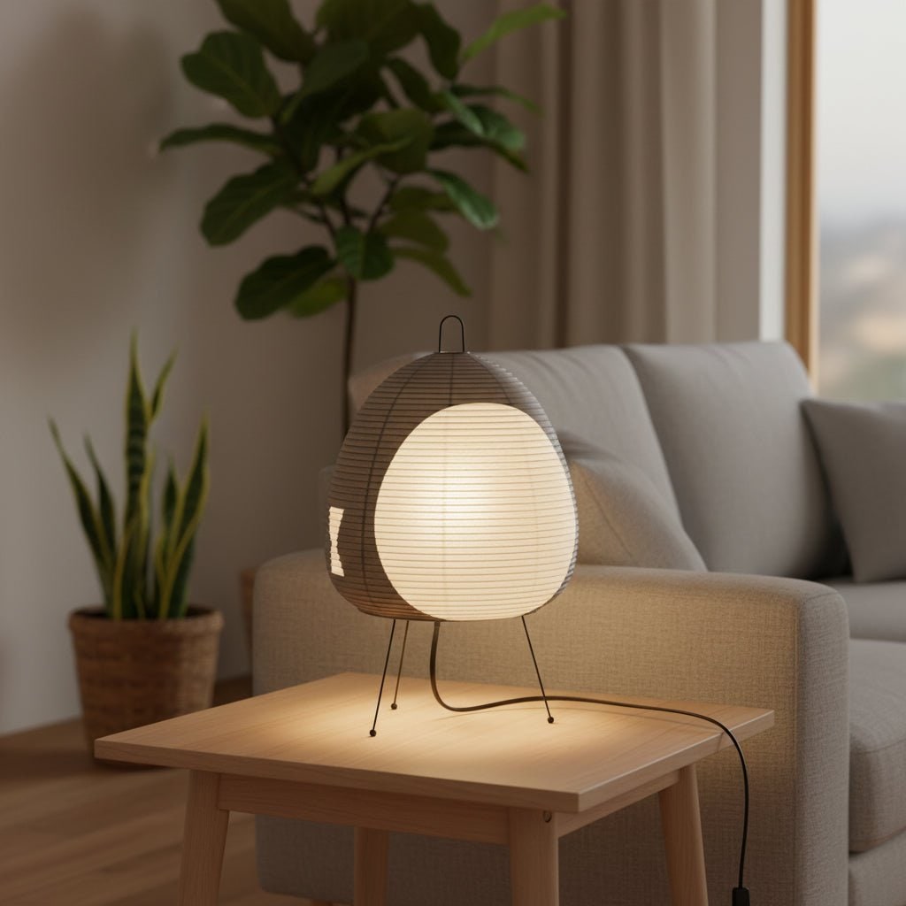 Papier-Tischleuchte mit Dreibeingestell, japanischem Reispapierschirm und warmem diffusem Licht