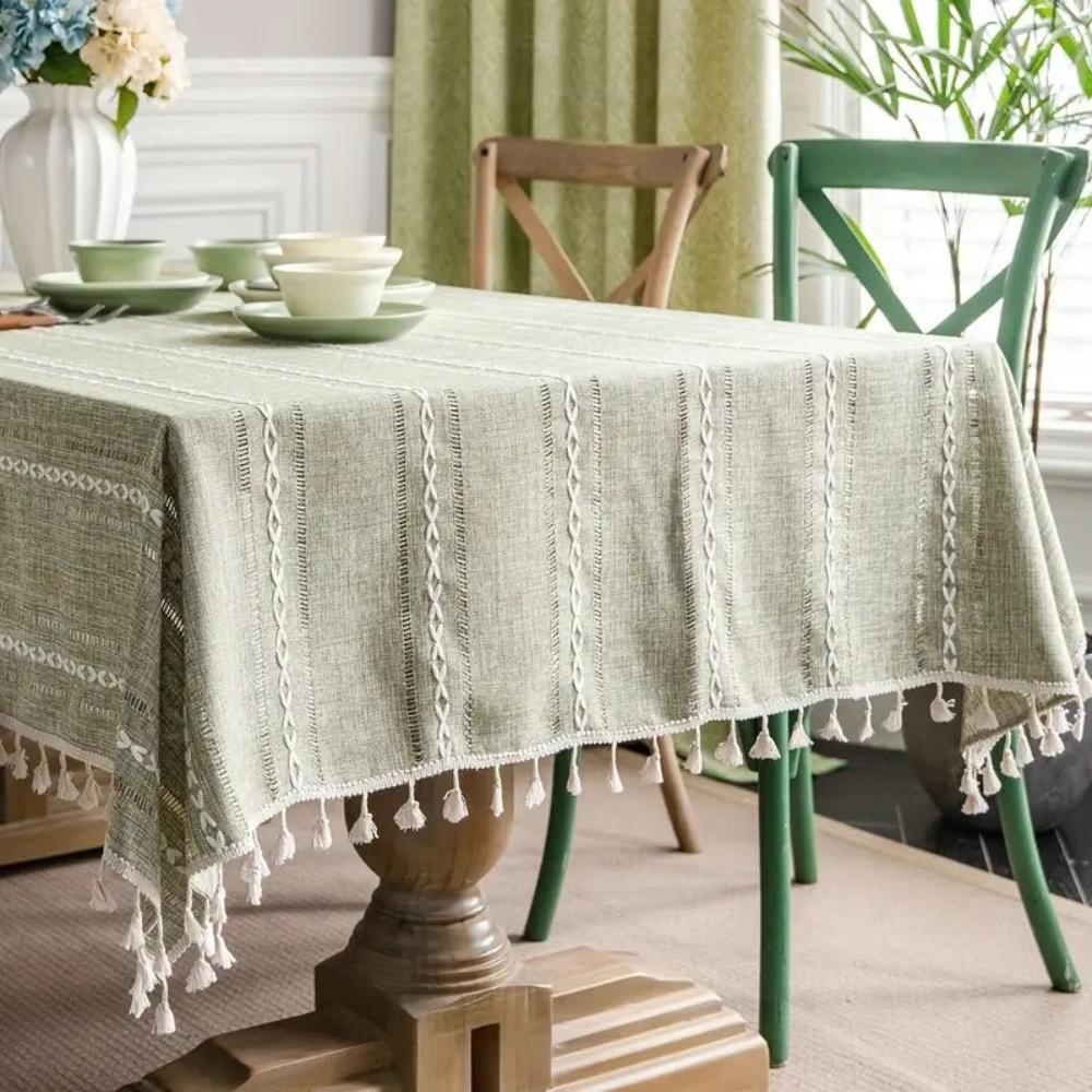Rustikale Baumwoll-Leinen-Tischdecke mit gestreiftem Stickmuster für den Esstisch