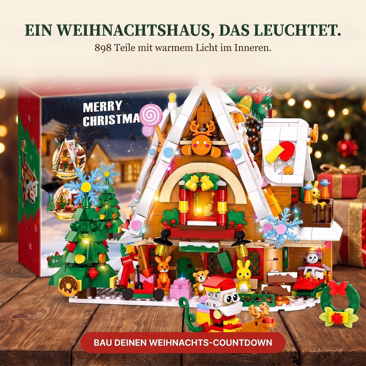 Schneehaus-Adventskalender mit Innenbeleuchtung, 898-teiliges Bauset