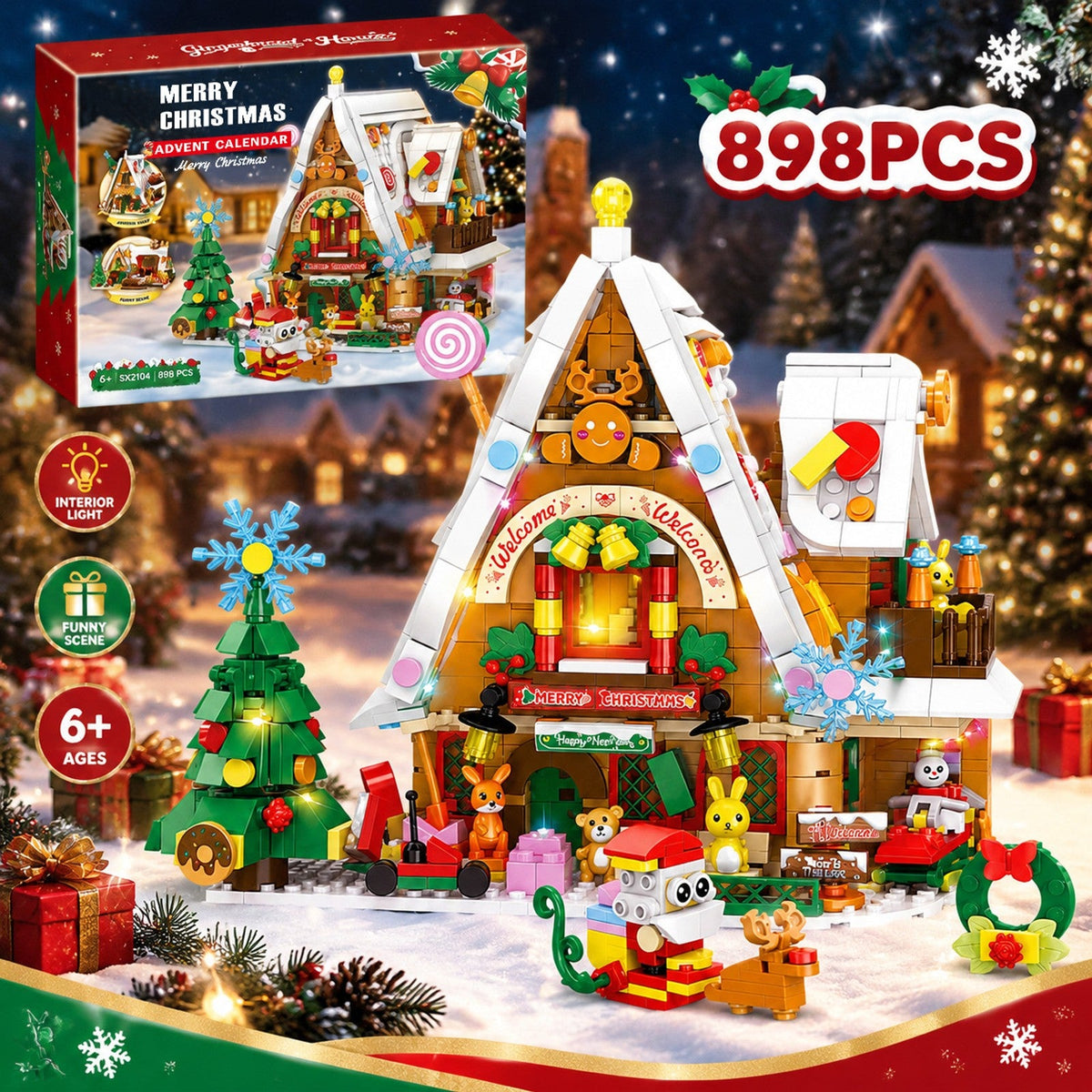 Schneehaus-Adventskalender mit Innenbeleuchtung, 898-teiliges Bauset