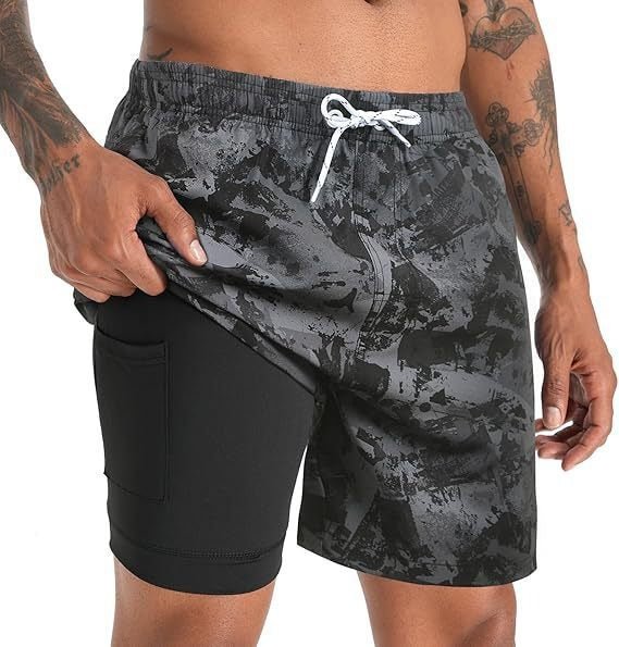Schnelltrocknende Badeshorts mit Kompressions-Innenhose für Herren