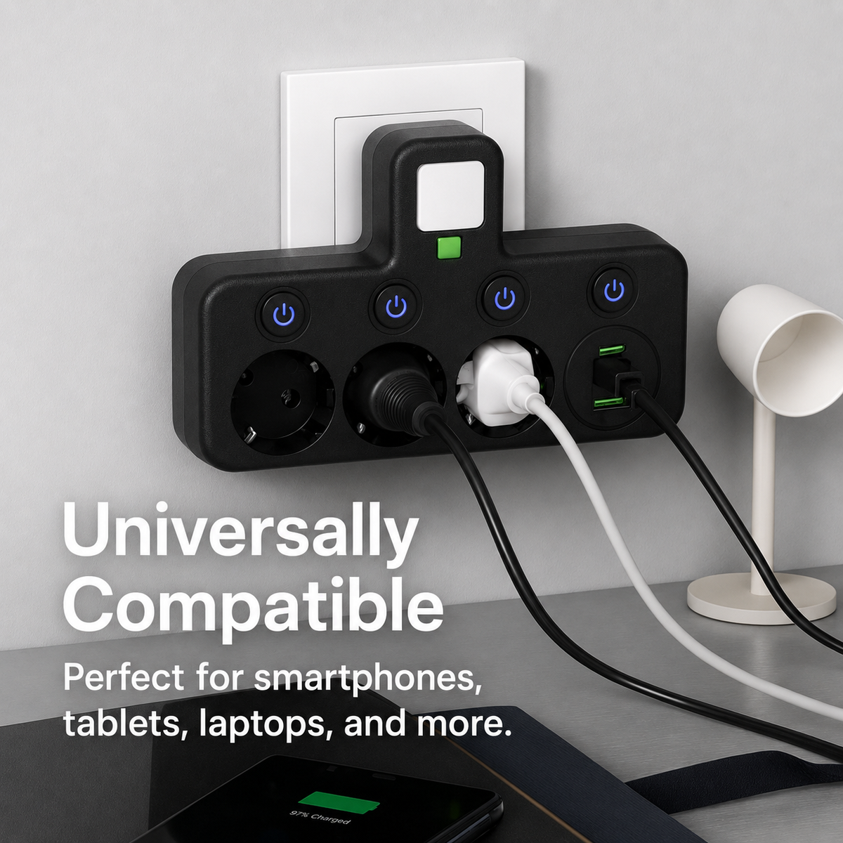 Steckdosenleiste mit 3 Steckdosen | Mehrfachsteckdose mit USB | Wandstecker-Adapter