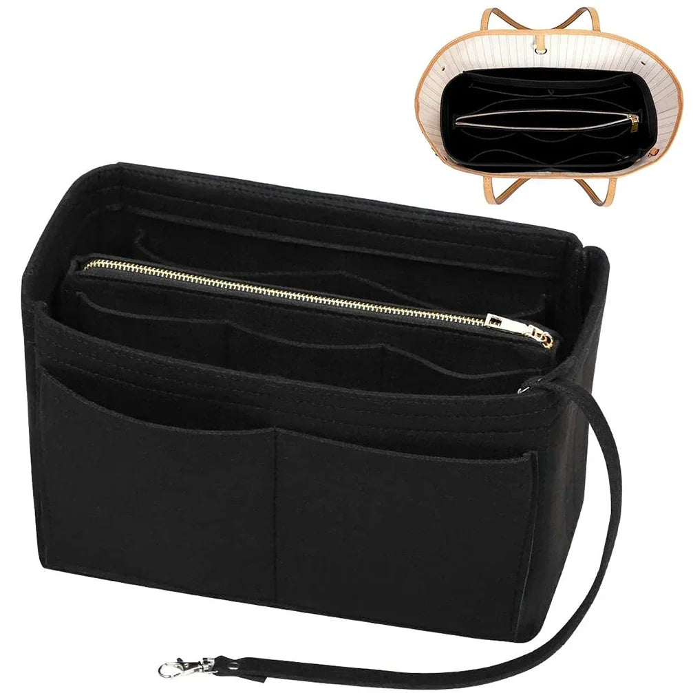 Taschenorganizer-Einsatz aus Filz mit Reißverschluss, 15 Fächern und Schlüsselband für Handtaschen und Shopper