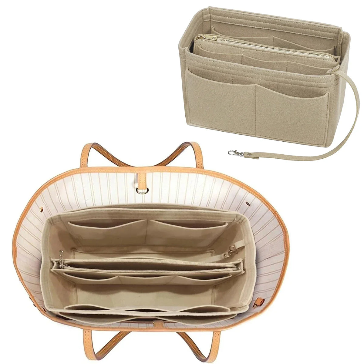 Taschenorganizer-Einsatz aus Filz mit Reißverschluss, 15 Fächern und Schlüsselband für Handtaschen und Shopper