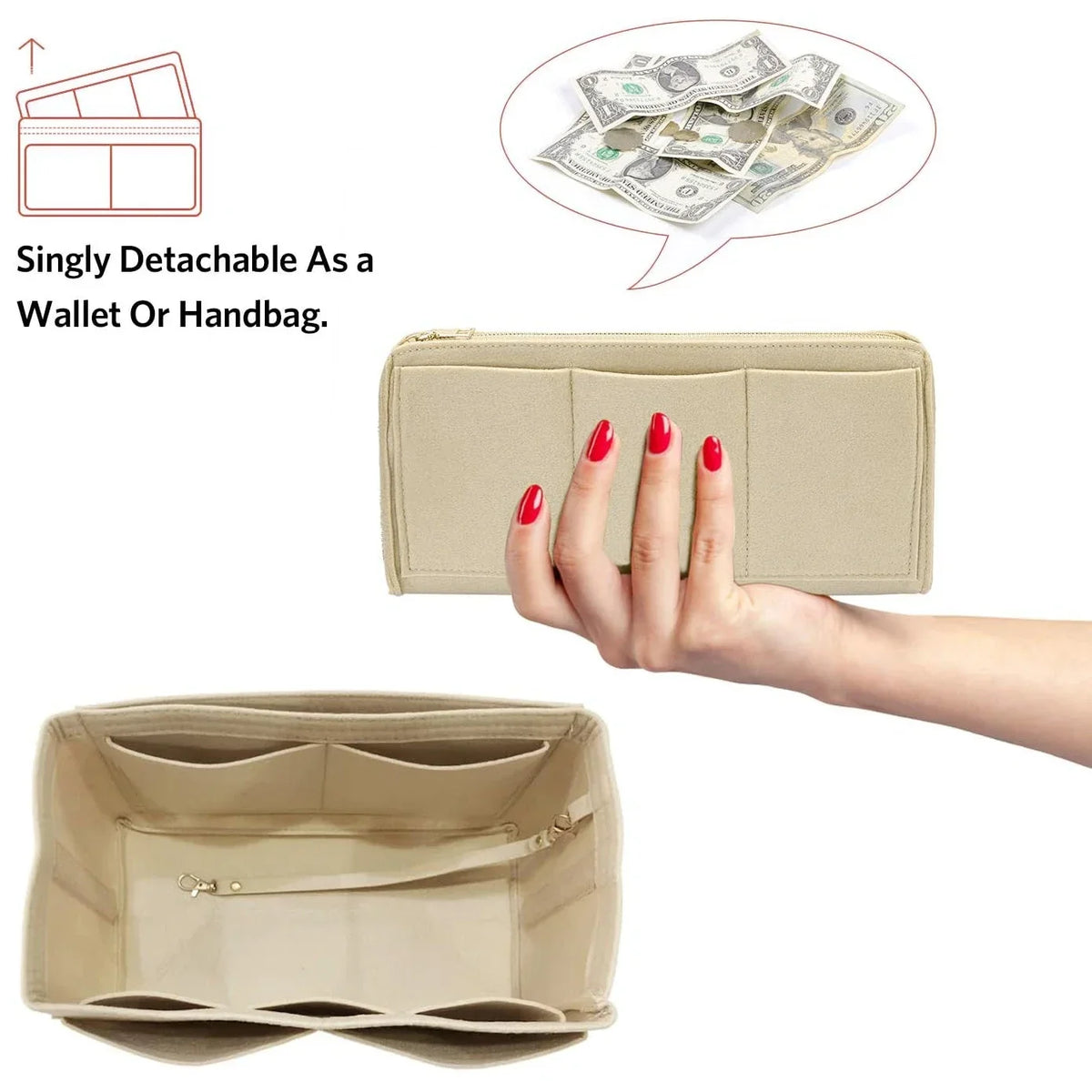 Taschenorganizer-Einsatz aus Filz mit Reißverschluss, 15 Fächern und Schlüsselband für Handtaschen und Shopper