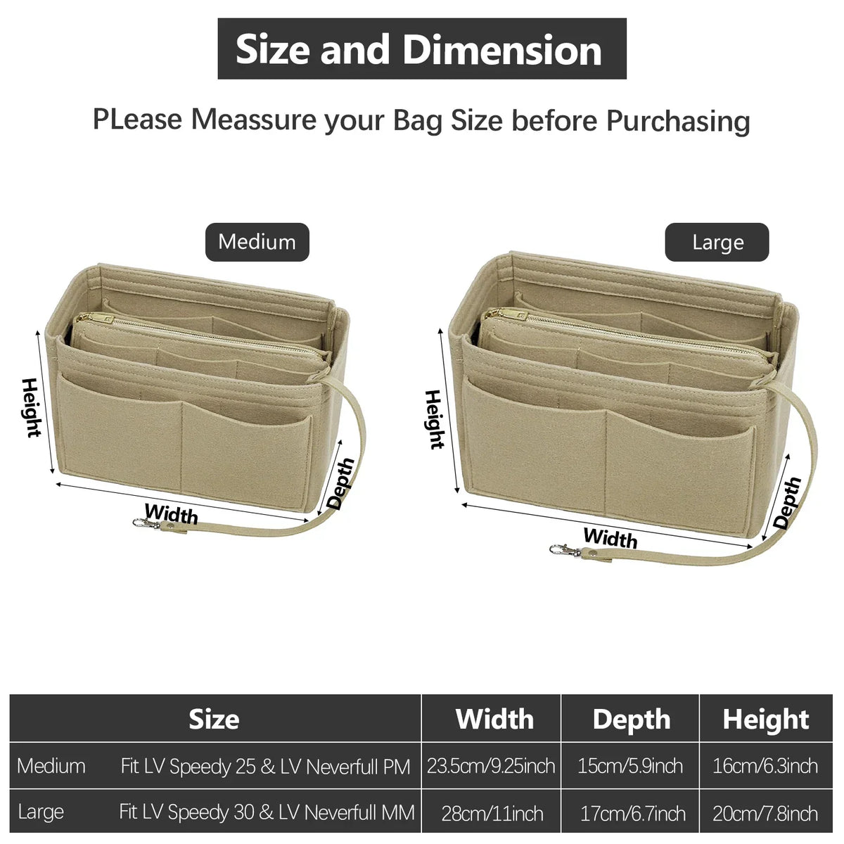 Taschenorganizer-Einsatz aus Filz mit Reißverschluss, 15 Fächern und Schlüsselband für Handtaschen und Shopper