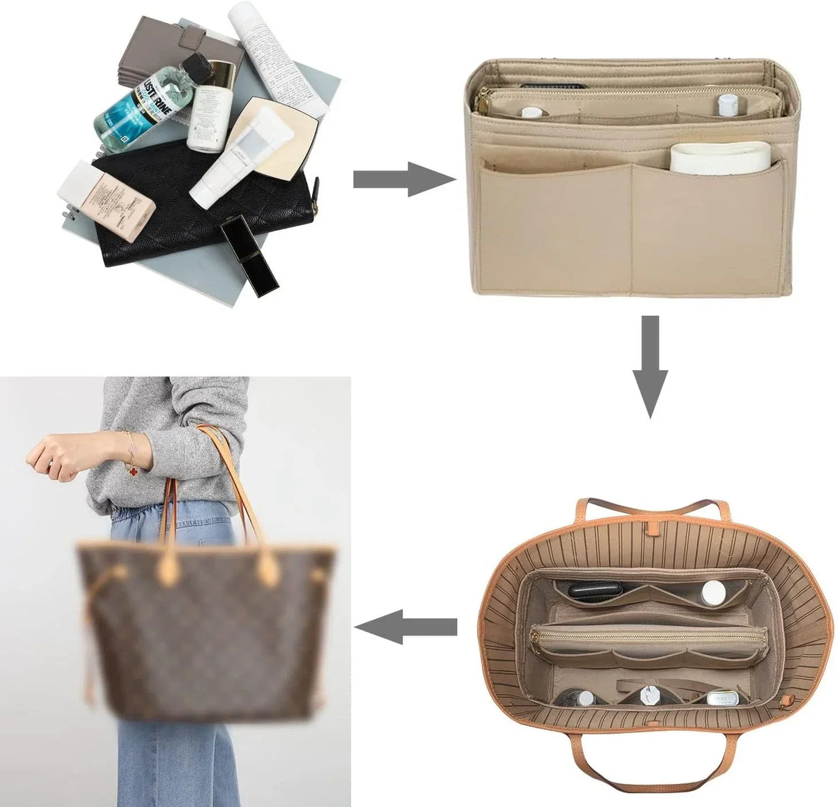 Taschenorganizer-Einsatz aus Filz mit Reißverschluss, 15 Fächern und Schlüsselband für Handtaschen und Shopper