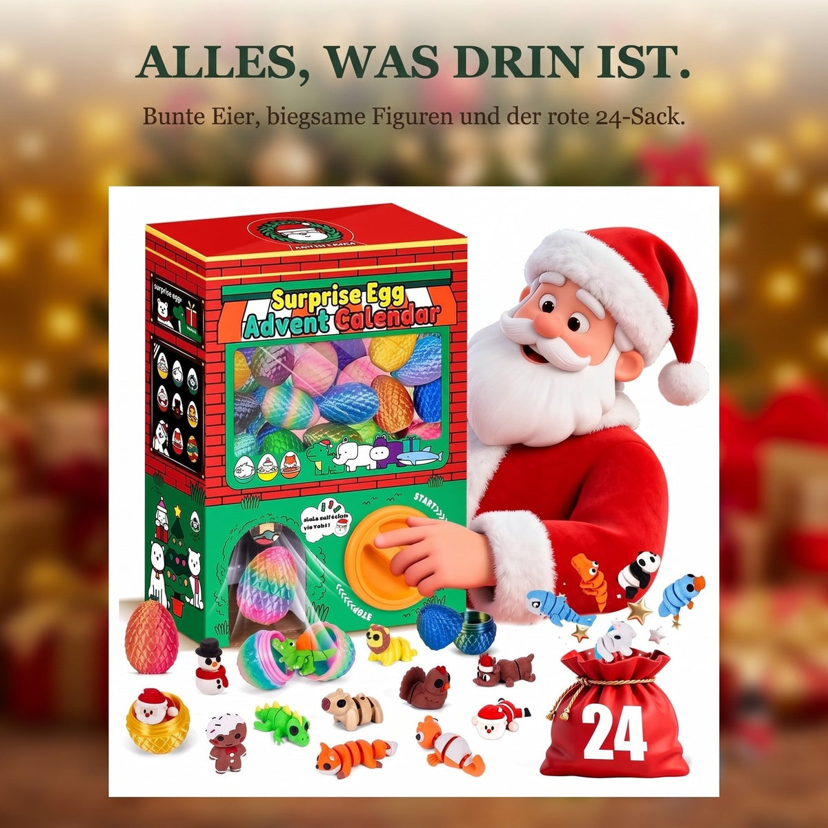 Überraschungsei-Adventskalender, 24 Eier mit beweglichen 3D-gedruckten Figuren