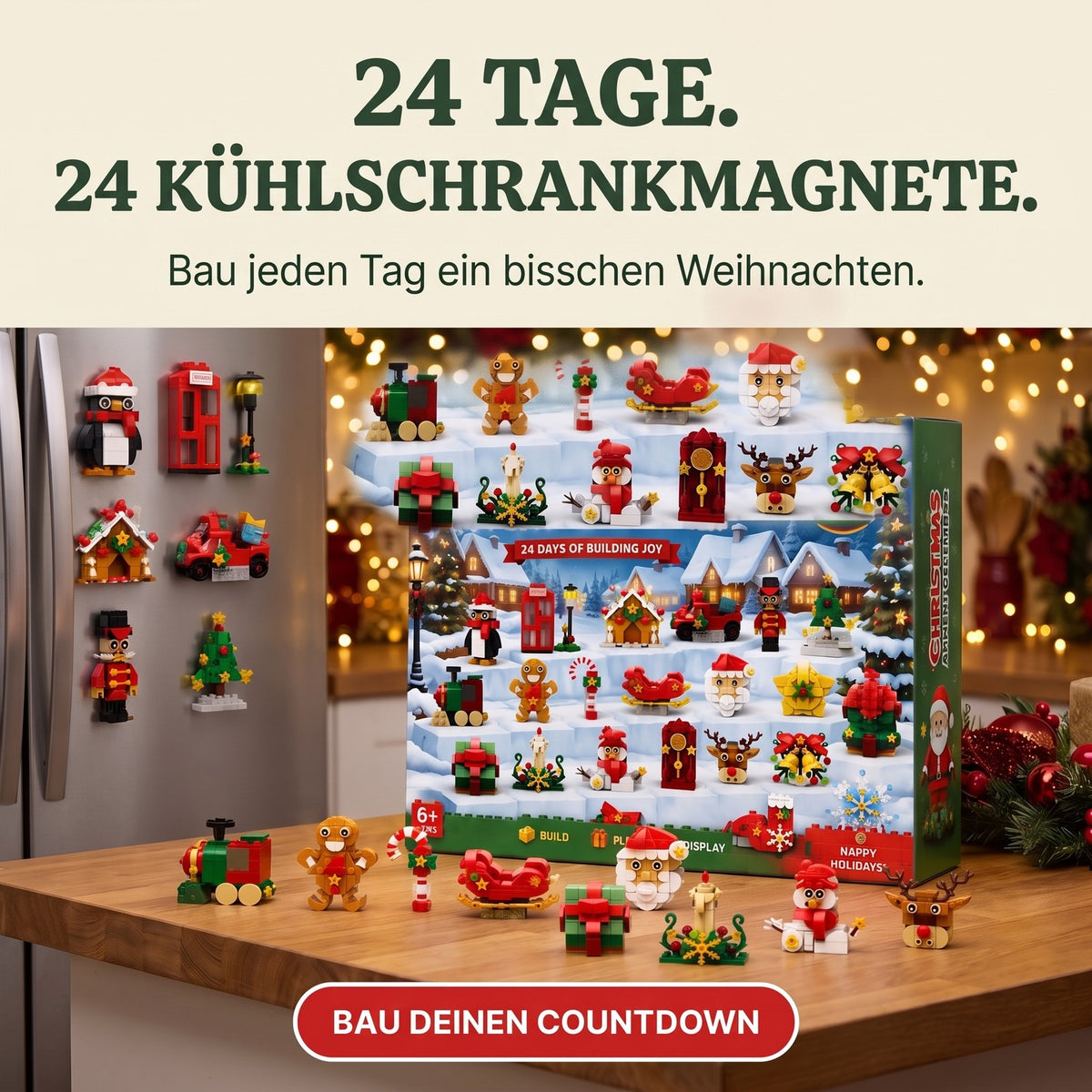 Weihnachts-Kühlschrankmagnet-Adventskalender, 24 Modelle aus Bausteinen
