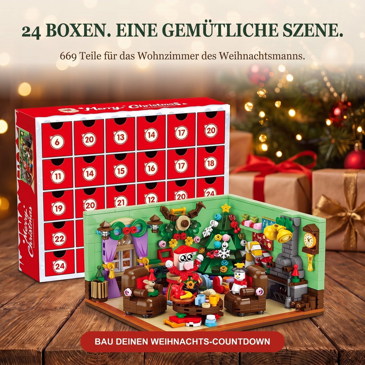 Weihnachts-Wohnzimmer-Adventskalender, 669-teilige Szene mit 24 Boxen