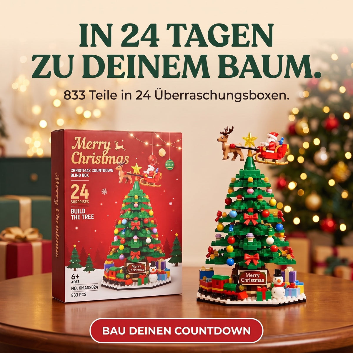Weihnachtsbaum-Adventskalender mit Bausteinen, 833 Teile in 24 Überraschungsboxen