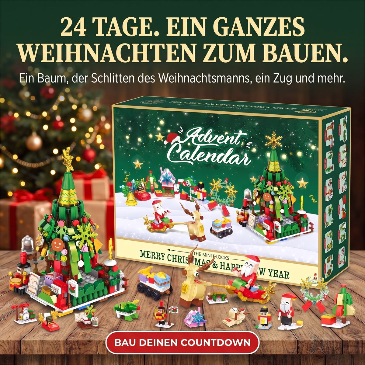 Weihnachtsbaum- und Weihnachtsschlitten-Adventskalender, 24 Mini-Modelle aus Bausteinen