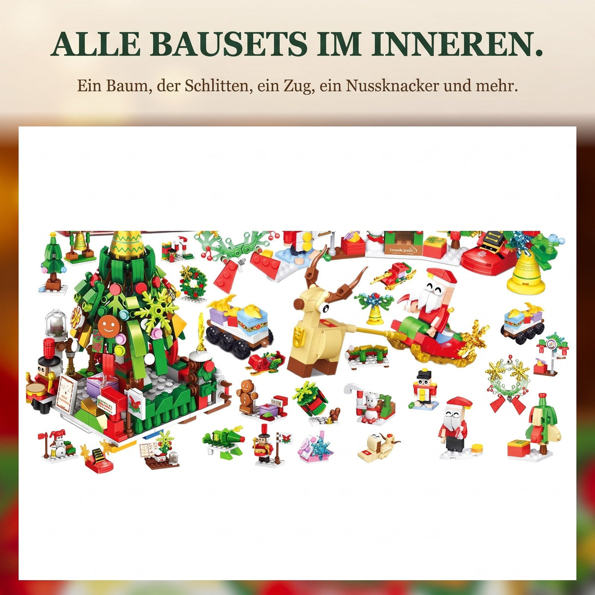 Weihnachtsbaum- und Weihnachtsschlitten-Adventskalender, 24 Mini-Modelle aus Bausteinen