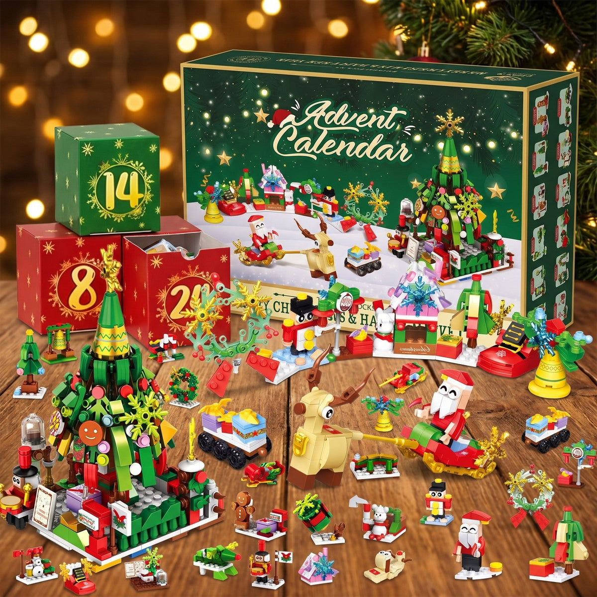 Weihnachtsbaum- und Weihnachtsschlitten-Adventskalender, 24 Mini-Modelle aus Bausteinen