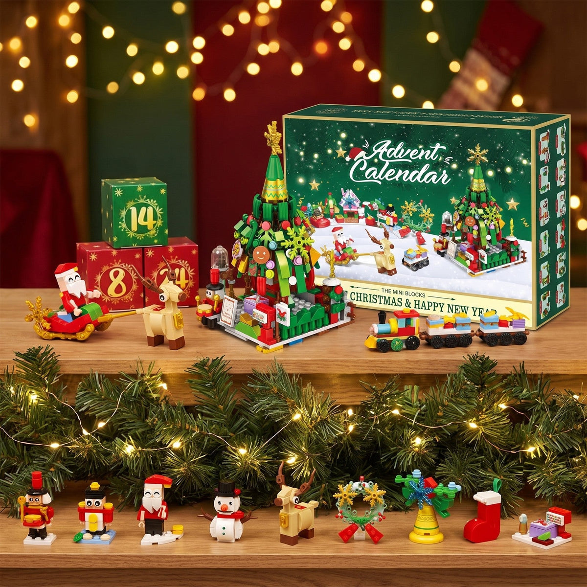 Weihnachtsbaum- und Weihnachtsschlitten-Adventskalender, 24 Mini-Modelle aus Bausteinen