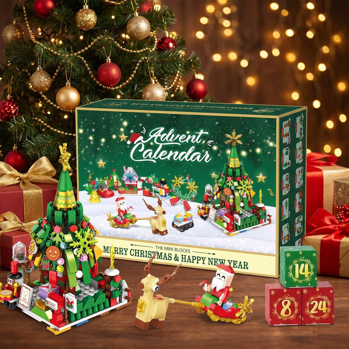 Weihnachtsbaum- und Weihnachtsschlitten-Adventskalender, 24 Mini-Modelle aus Bausteinen