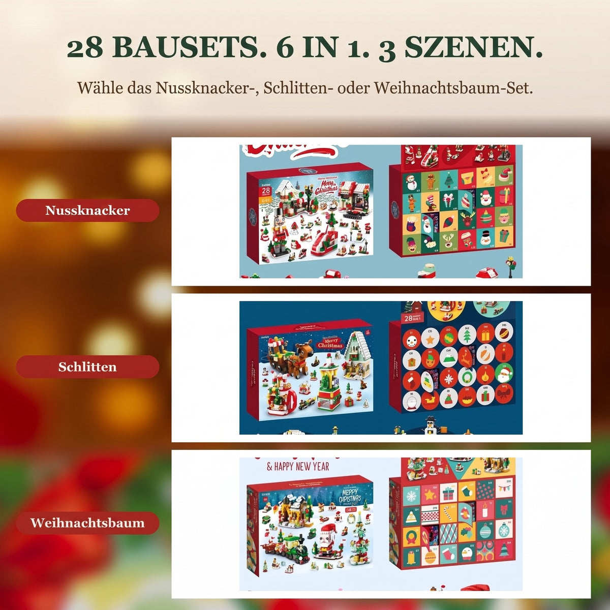 Weihnachtsdorf-Adventskalender, 28 Modelle 6-in-1, Nussknacker, Schlitten oder Weihnachtsbaum