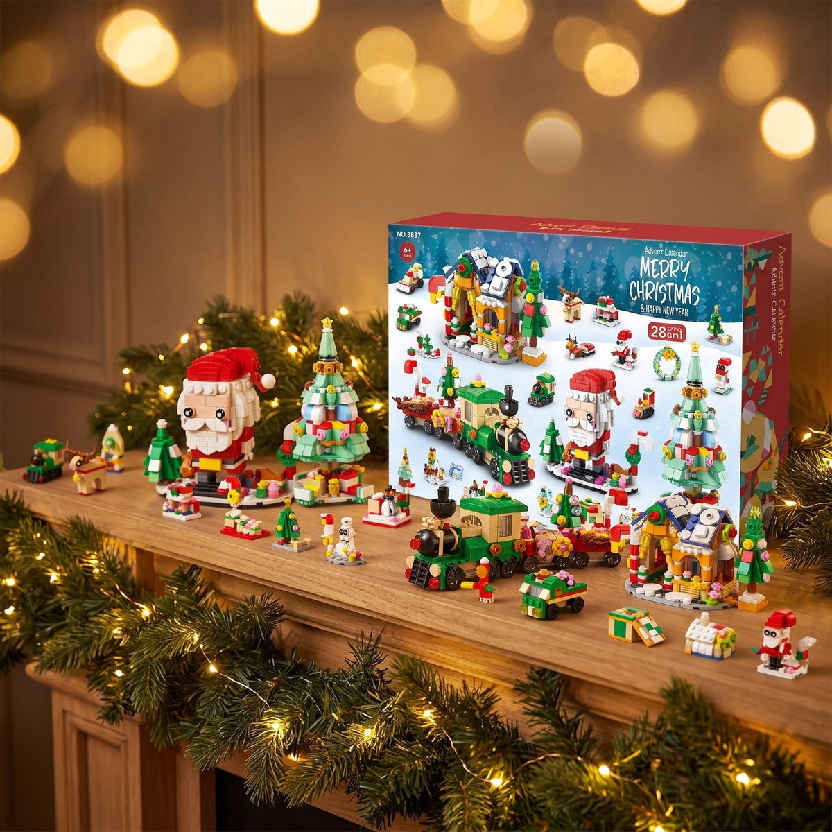 Weihnachtsdorf-Adventskalender, 28 Modelle 6-in-1, Nussknacker, Schlitten oder Weihnachtsbaum