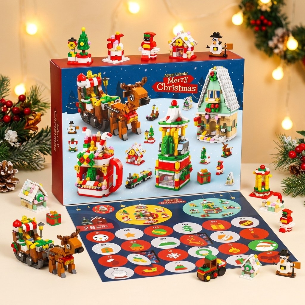 Weihnachtsdorf-Adventskalender, 28 Modelle 6-in-1, Nussknacker, Schlitten oder Weihnachtsbaum
