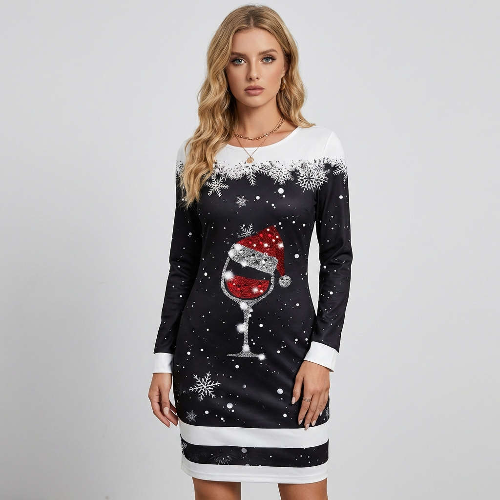 Weihnachtskleid mit Rundhalsausschnitt und Print