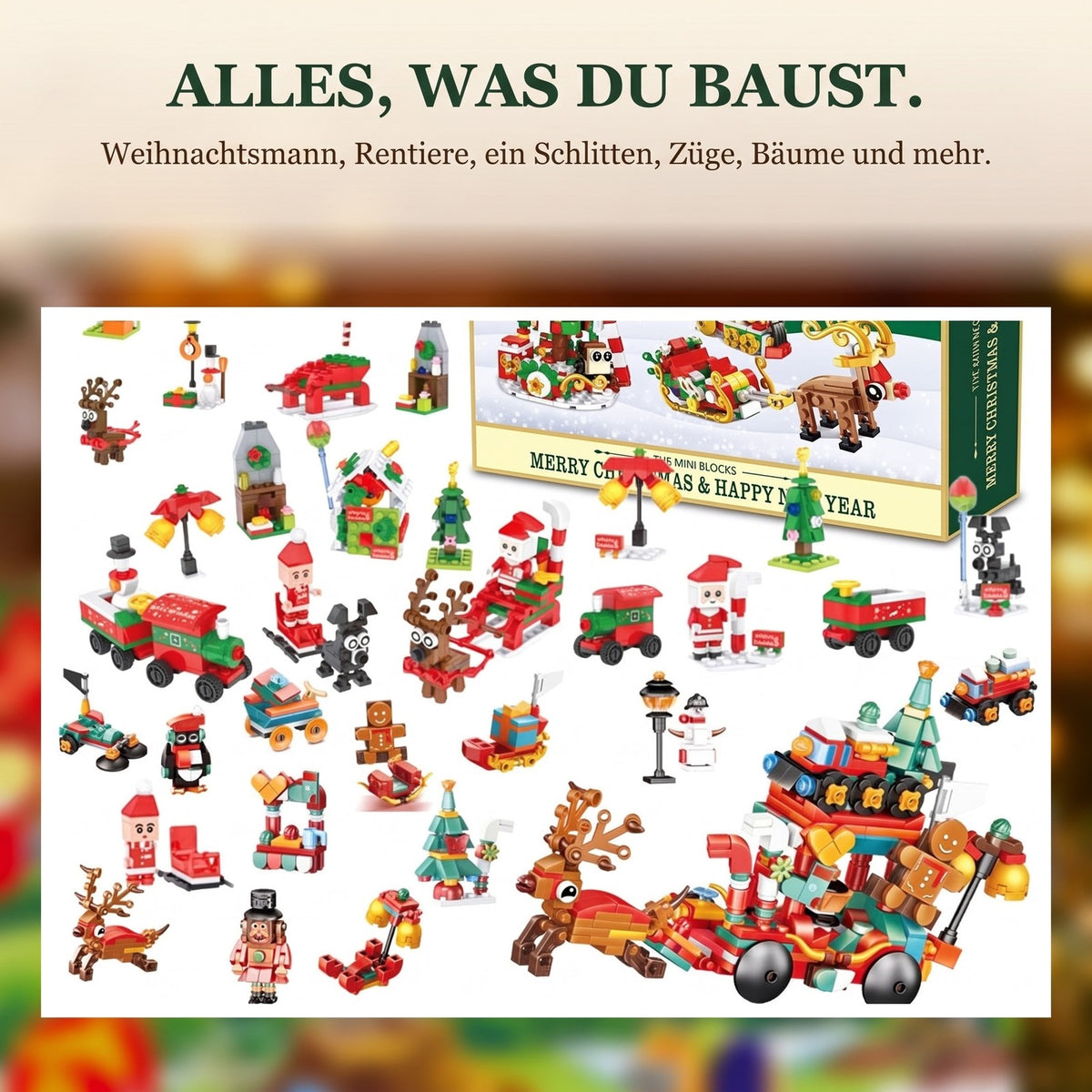Weihnachtsschlitten-Adventskalender mit Mini-Bausteinen, Weihnachtsdorf-Bauset