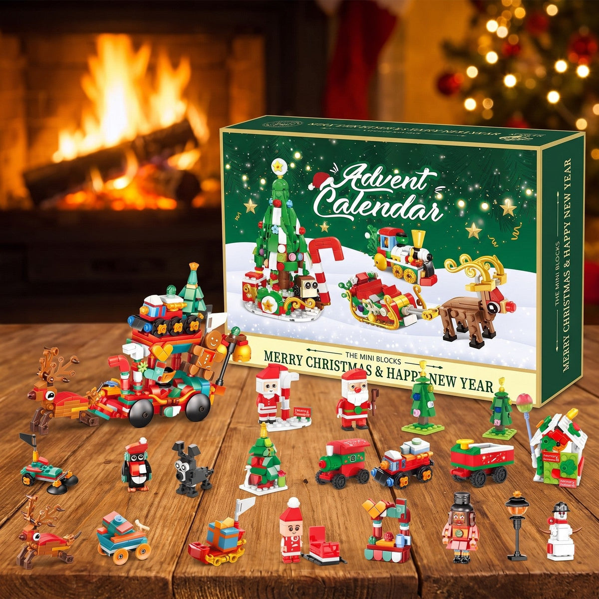 Weihnachtsschlitten-Adventskalender mit Mini-Bausteinen, Weihnachtsdorf-Bauset