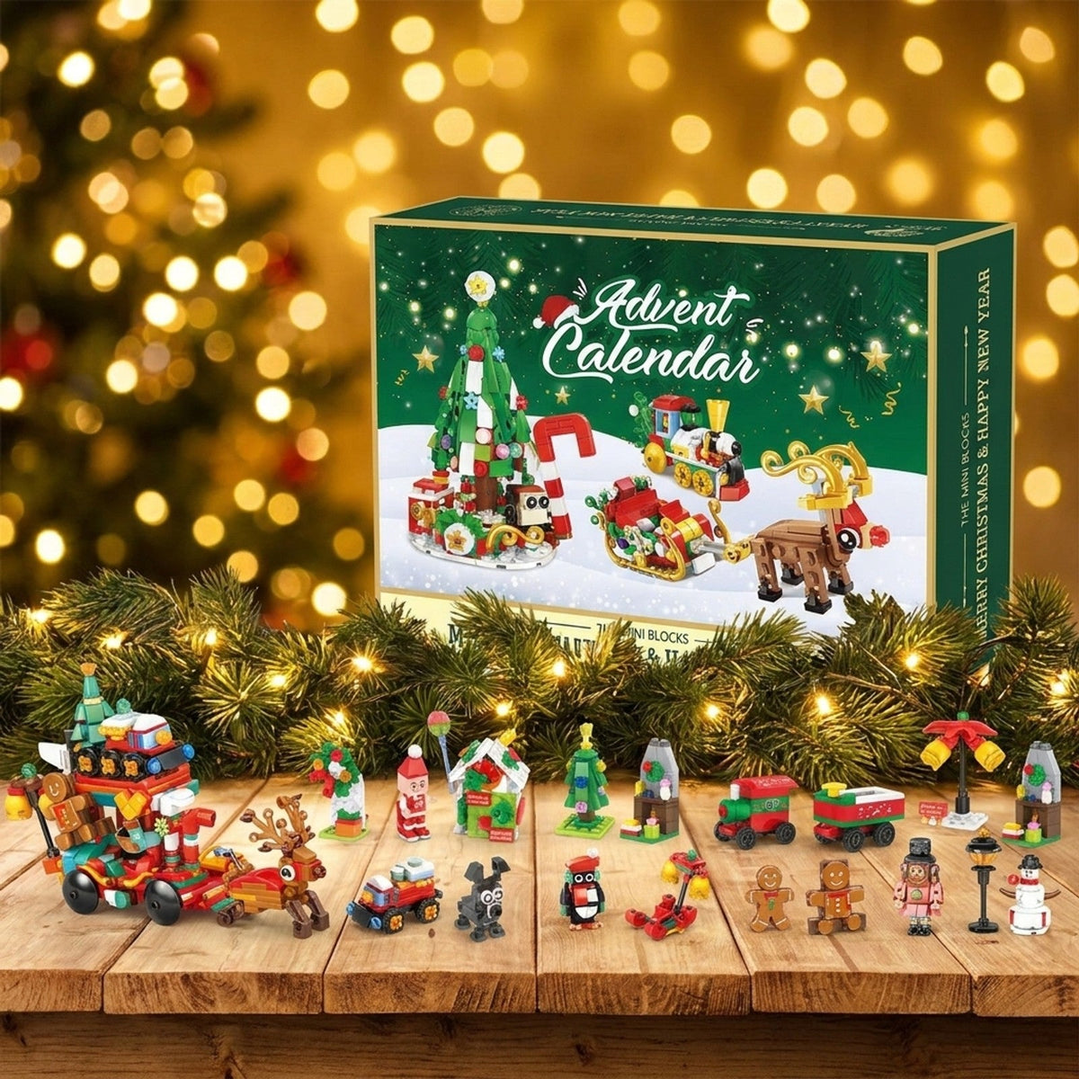 Weihnachtsschlitten-Adventskalender mit Mini-Bausteinen, Weihnachtsdorf-Bauset