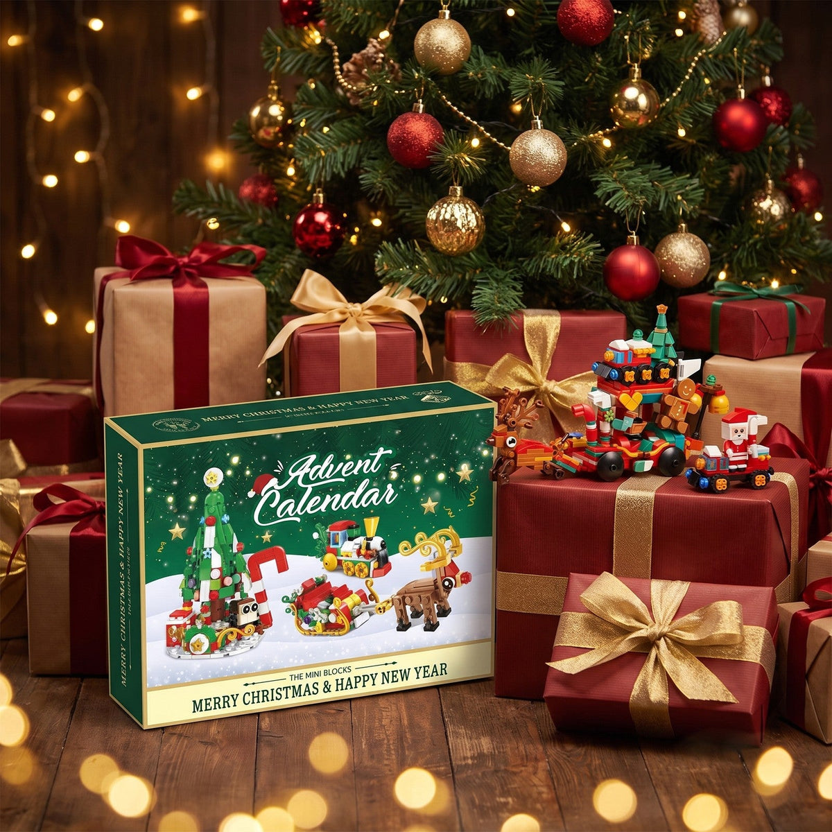 Weihnachtsschlitten-Adventskalender mit Mini-Bausteinen, Weihnachtsdorf-Bauset