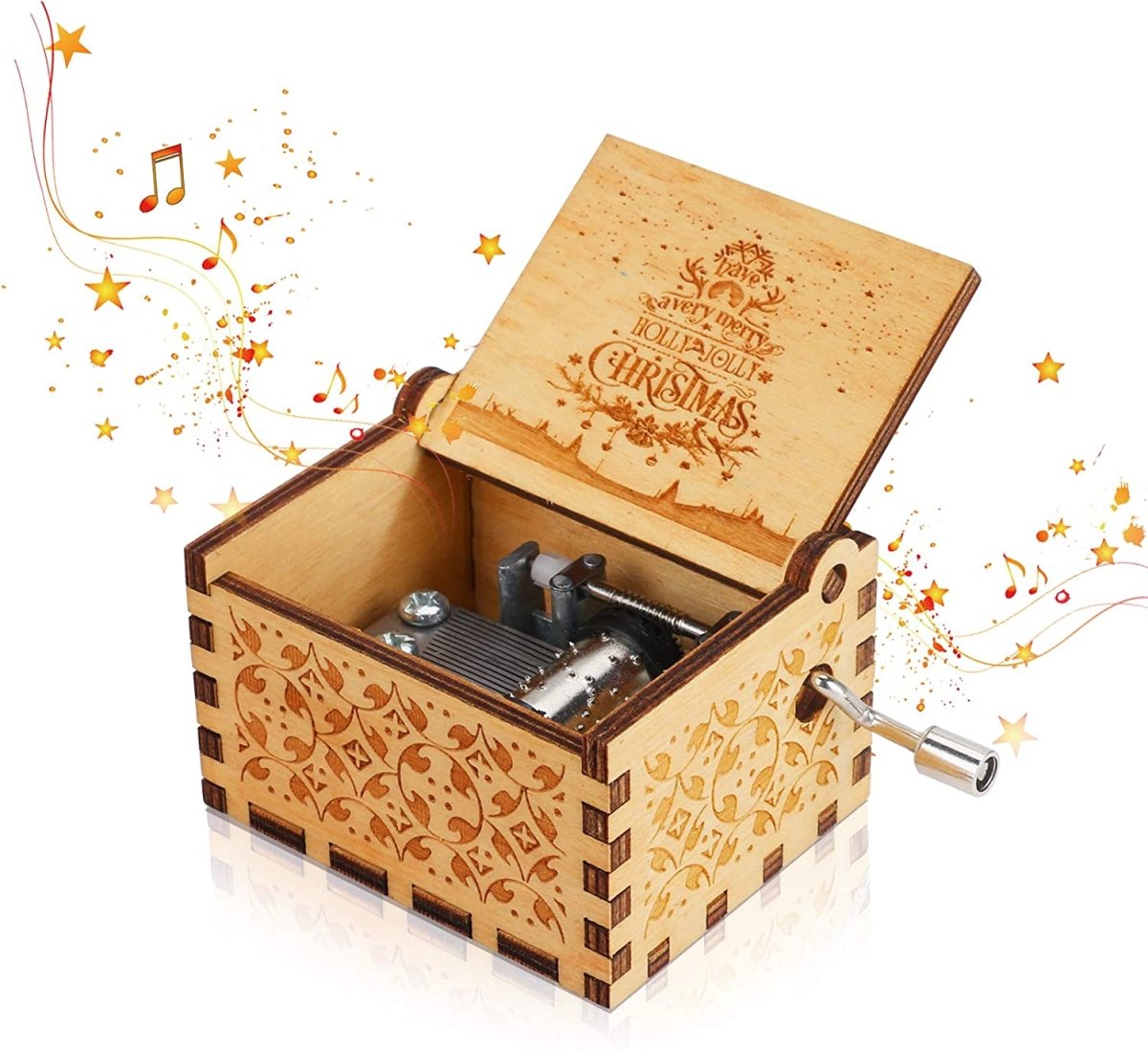 Weihnachtsspieluhr mit Handkurbel – stimmungsvolle Melodie, traditionelles Weihnachtsmotiv