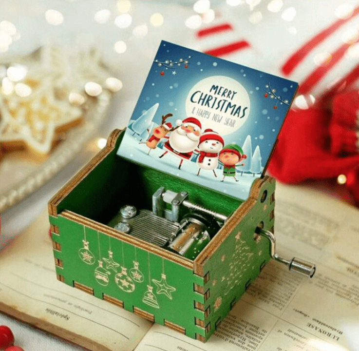 Weihnachtsspieluhr mit Handkurbel – stimmungsvolle Melodie, traditionelles Weihnachtsmotiv