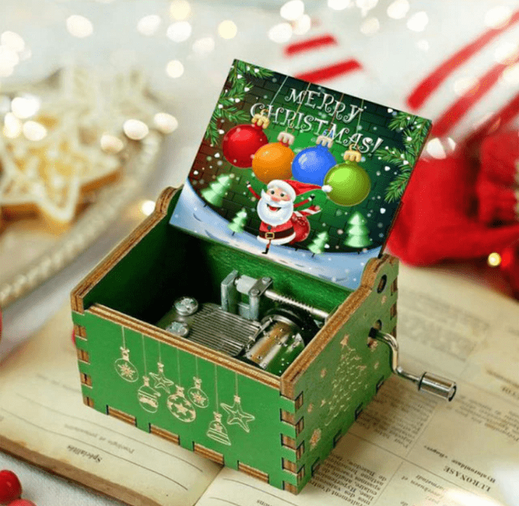 Weihnachtsspieluhr mit Handkurbel – stimmungsvolle Melodie, traditionelles Weihnachtsmotiv