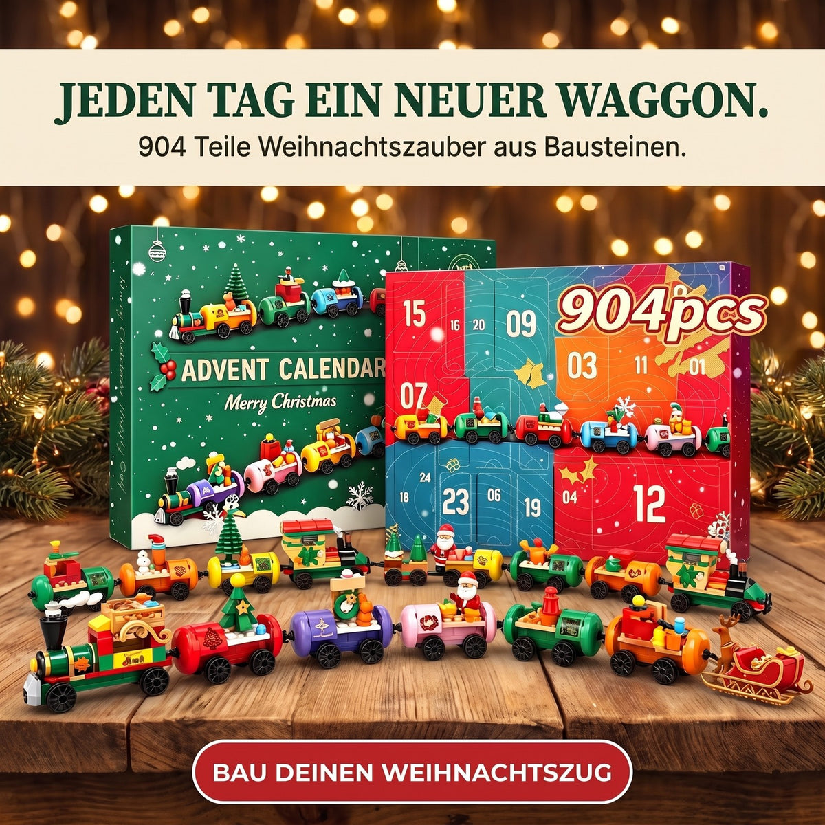 Weihnachtszug-Adventskalender, 904-teiliges Zug-Bauset aus Bausteinen