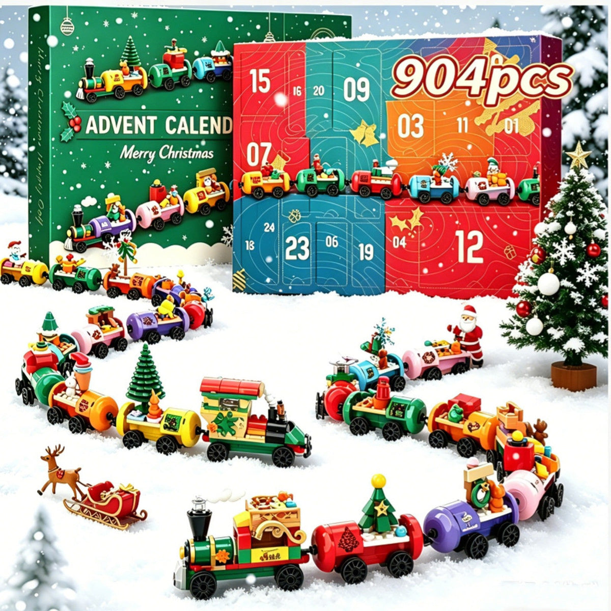 Weihnachtszug-Adventskalender, 904-teiliges Zug-Bauset aus Bausteinen