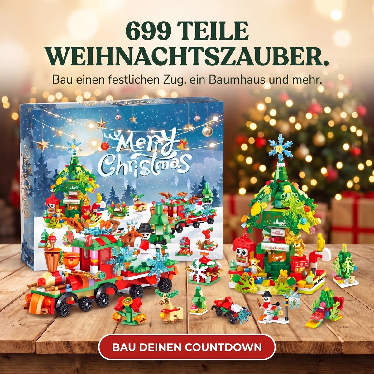 Weihnachtszug- und Baumhaus-Adventskalender, 699-teiliges Bauset