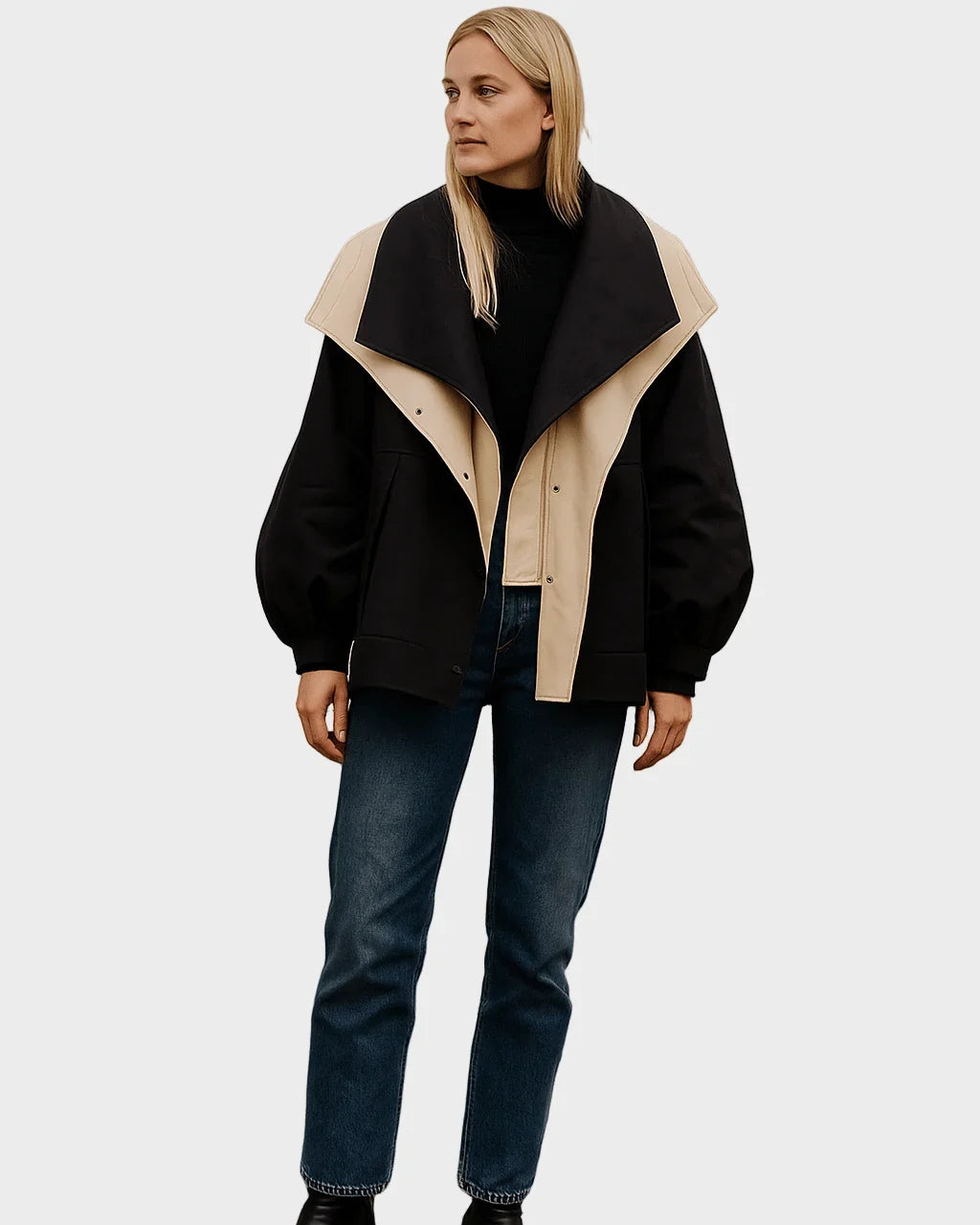 Wetterfeste Damenjacke mit Oversize-Kragen, Gürtel und Reißverschluss